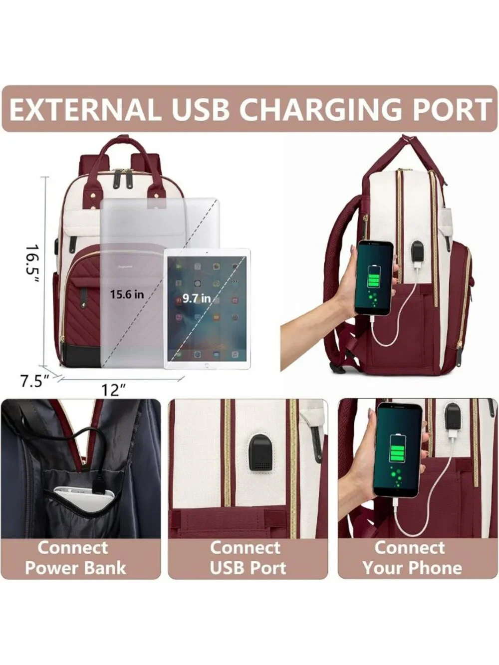 Stylish Waterproof Laptop Backpack for Women & Teens - USB Charger, 15.6